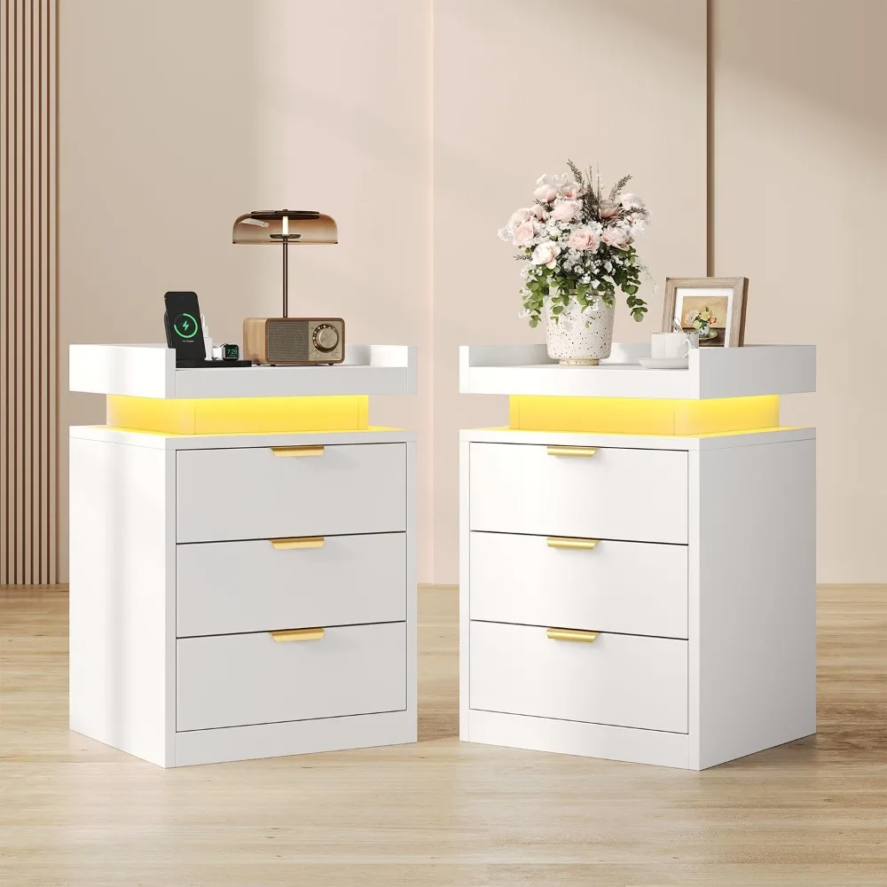 

LED End Tables, Set of 2 with Charging Station USB Ports, 3-Drawer Bedside Table with Adjustable, Modern Nightstands for Bedroom