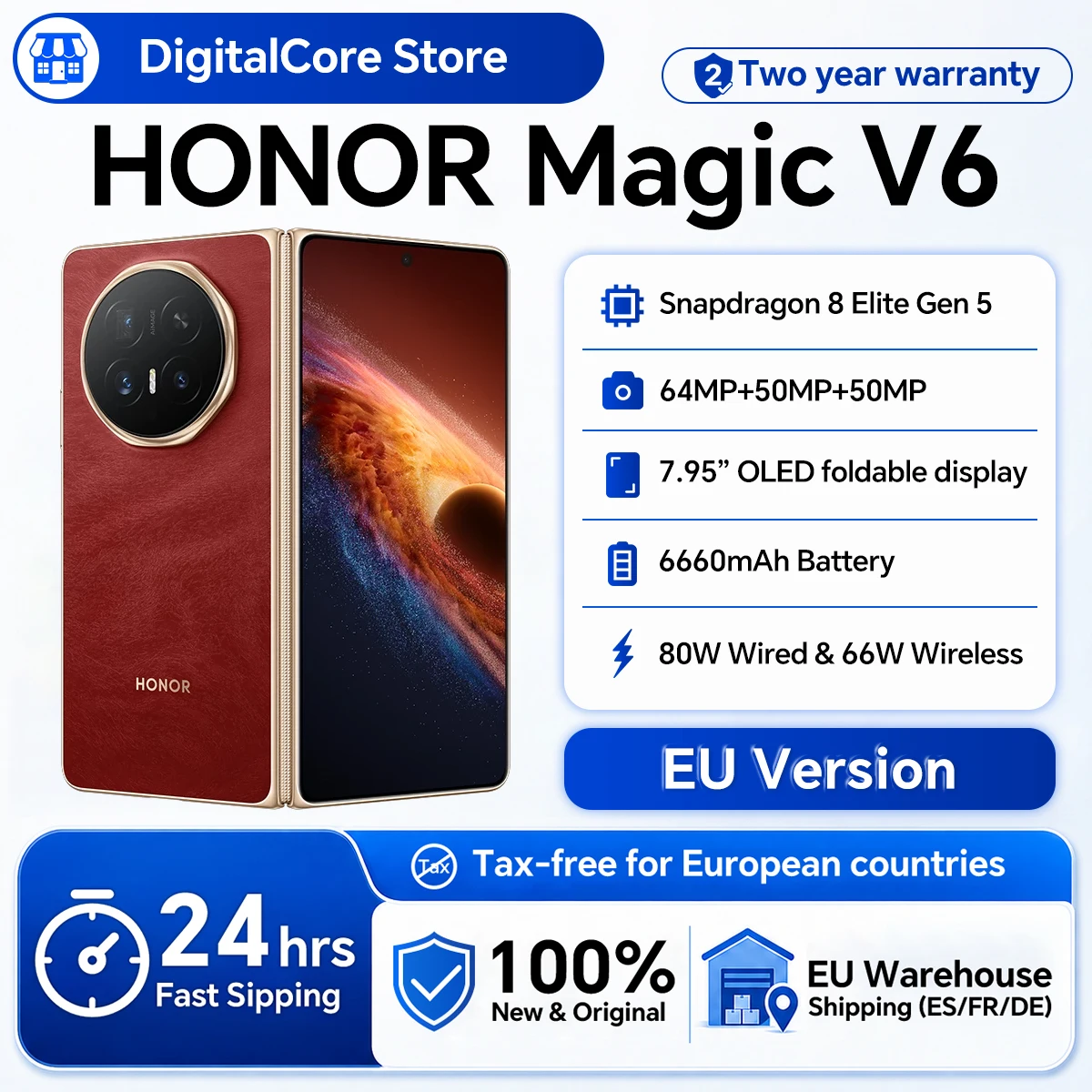 Smartphone HONOR Magic V6 5G Version EU Snapdragon 8 Elite Gen5 Batterie 6660mAh SuperCharge 80W MagicOS 10 Écran OLED 7.95" IP69