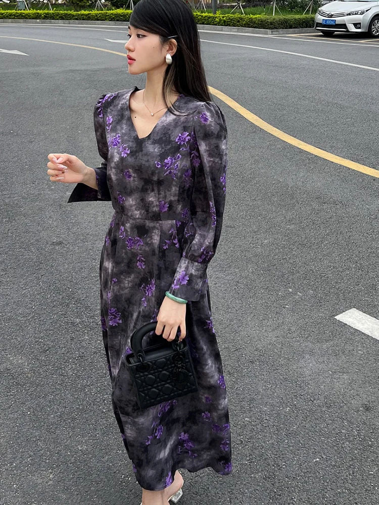 Damska sukienka wiosenna 2025 nowa koreańska wersja moda wróżka drukowanie Temperament dekolt w serek słodka kwiatowa długa Vestidos DS082