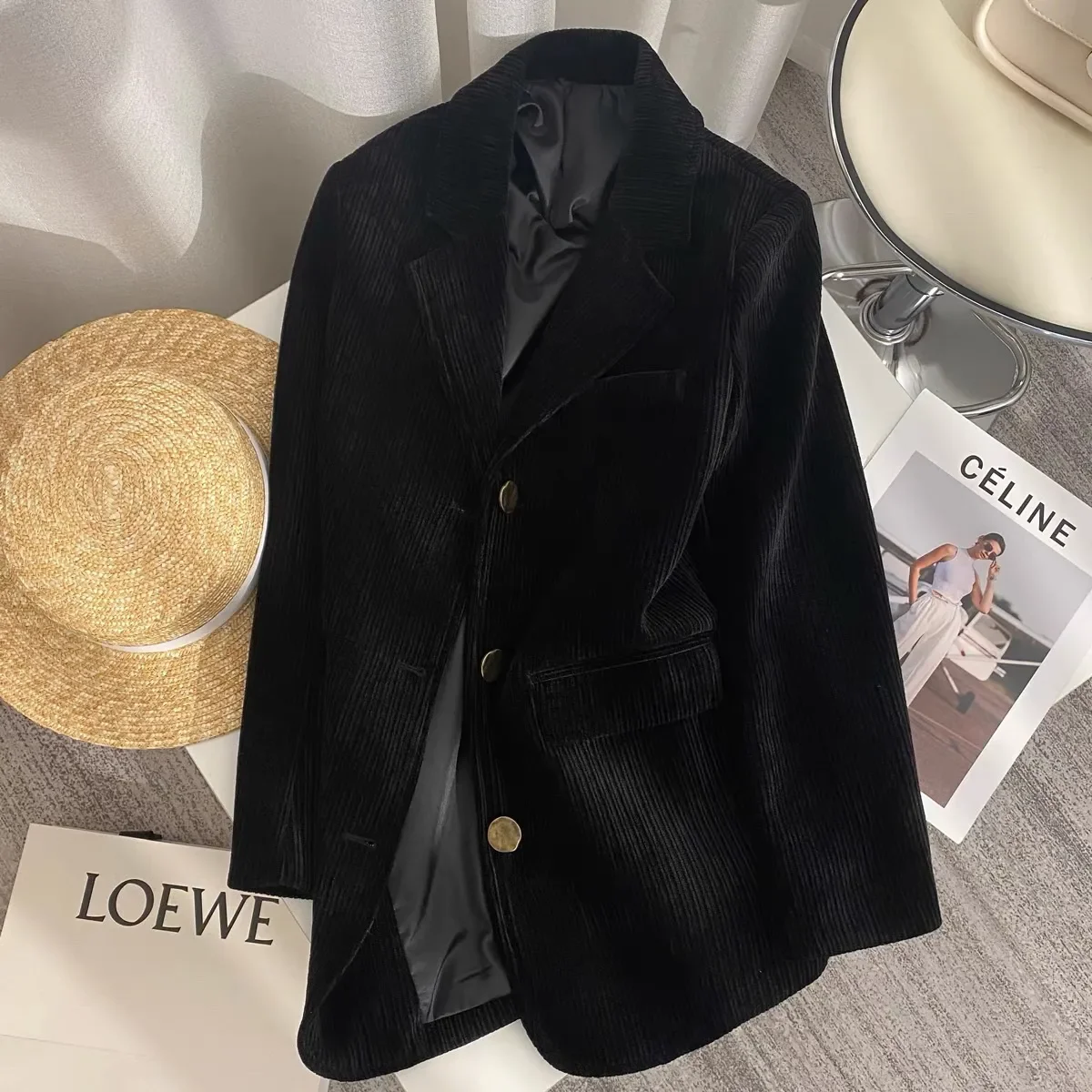 

Corduroy Suit Collar Solid Color Short Coat Women New Autumn Long Sleeve Pocket Literary and Retro Casual Coat Top