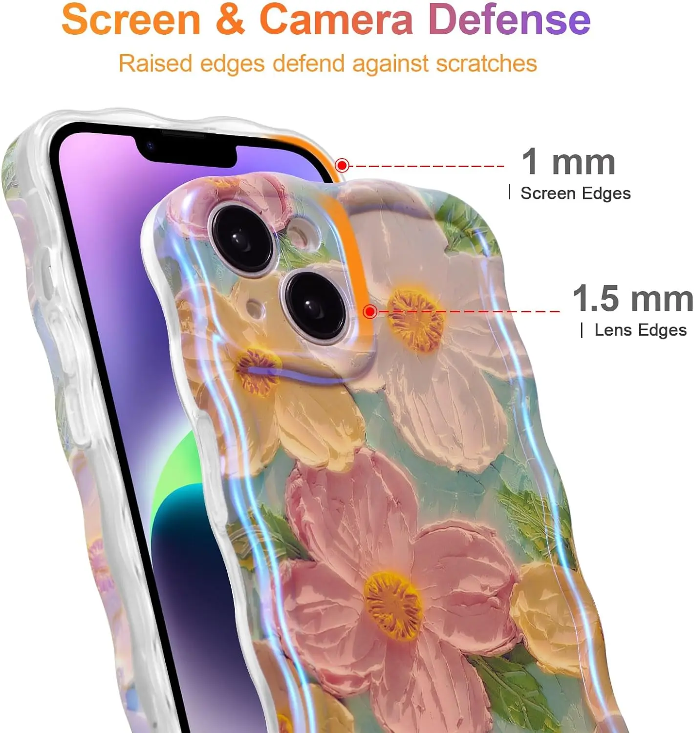 Case for iPhone 14,Colorful Retro Oil Painting Printed Flower Laser Beam Glossy Pattern Waves Border Exquisite Phone Cover