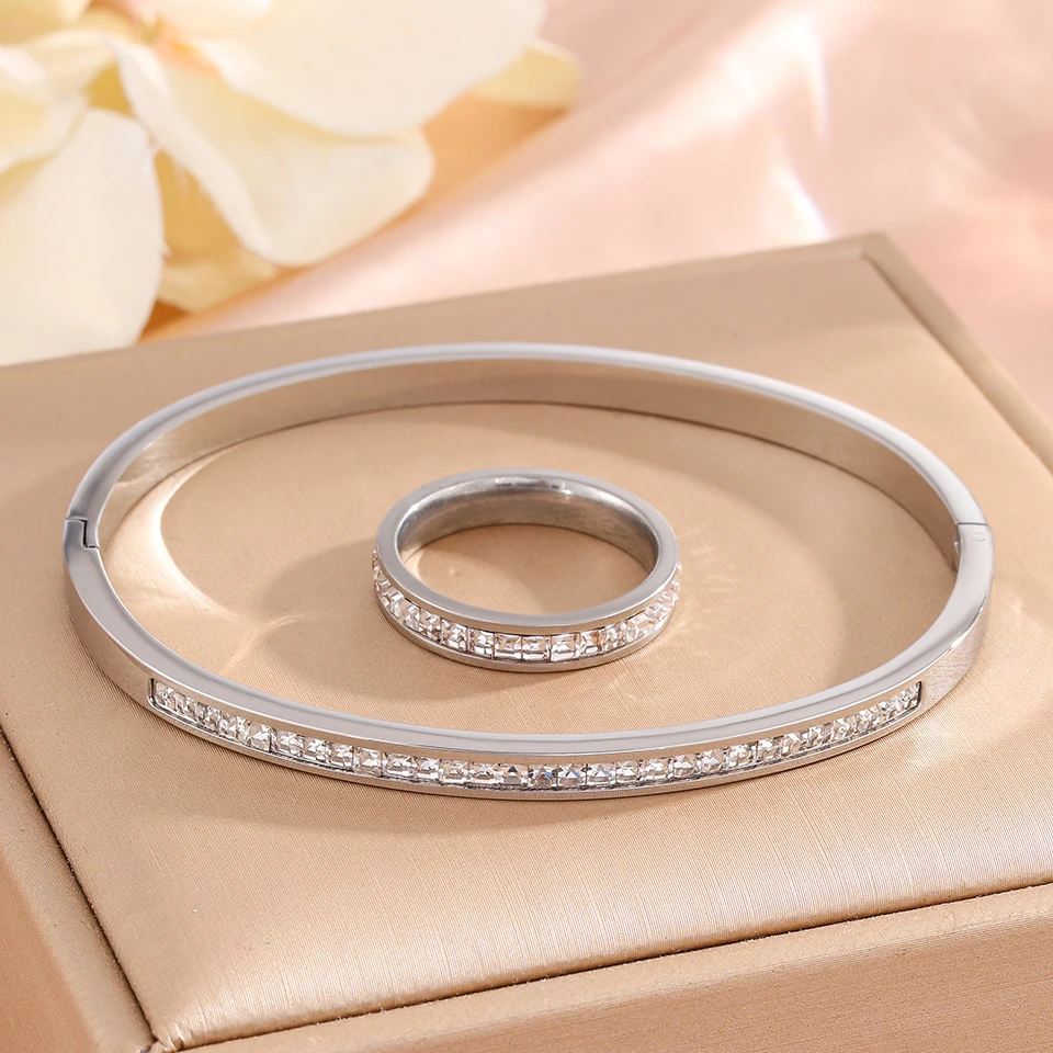 Stainless Steel Bangle Ring Set with Cubic Zirconia for Women