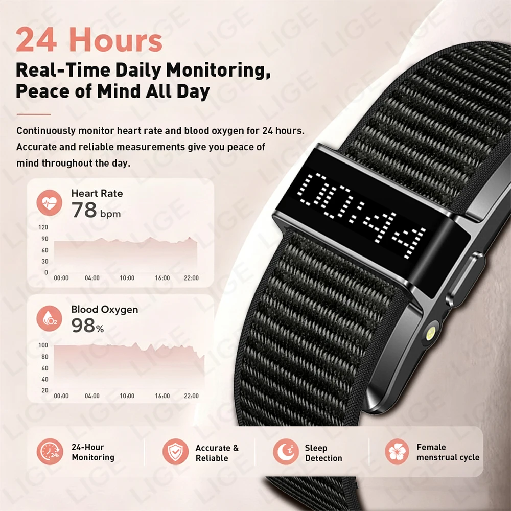 LIGE Smart Bracelet Digital Display Heart Rate Blood Oxygen Sleep Tracker IP68 Waterproof LED Flashlight Fitness Sport Wristband