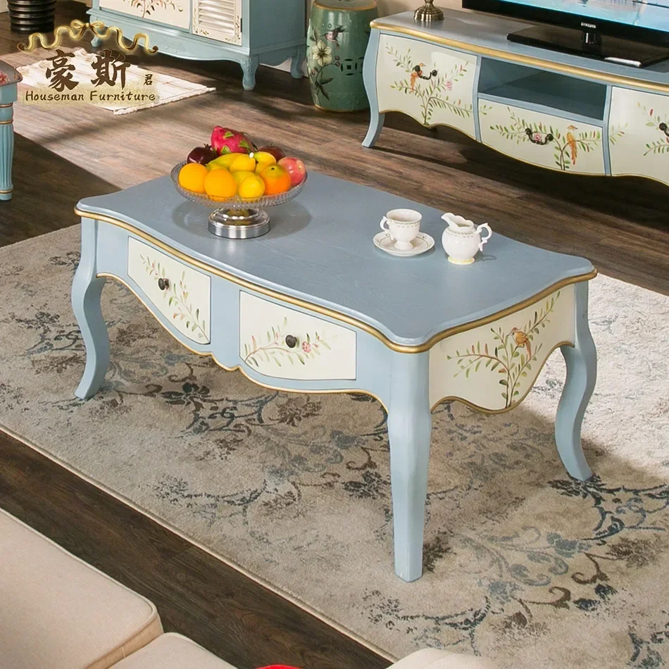 

Mediterranean Painted Coffee Table Living Room Four Buckets Storage Console European Style Distressed