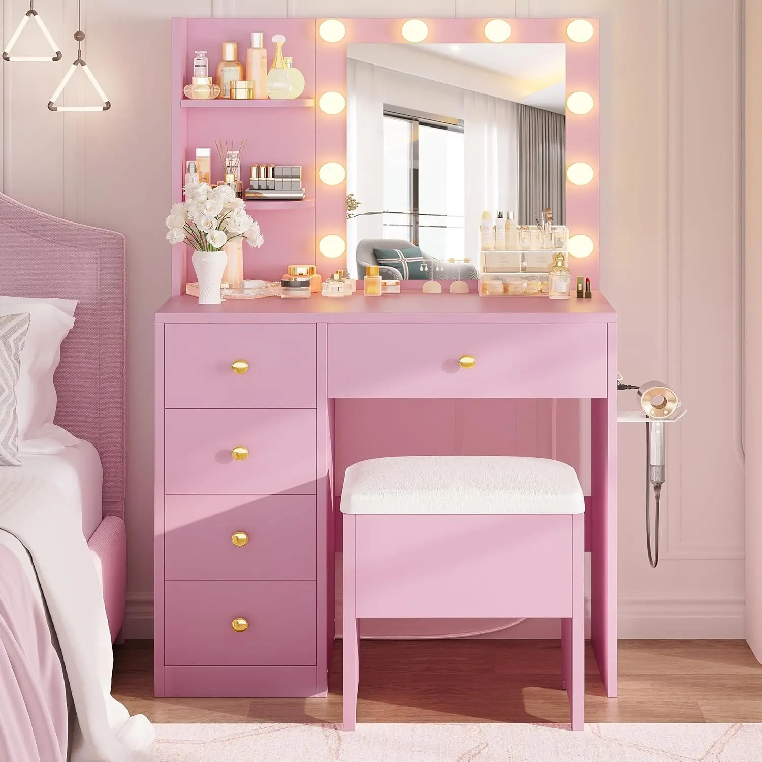 مكتب زينة من IRONCK مع مرآة وأضواء، طاولة زينة صغيرة للمكياج مع 5 أدراج، طاولة تزيين لغرفة نوم الفتيات والنساء