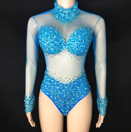 Costume Sexy Mesh Transparent Stones Bodysuit Birthday Party Outfit Rhinestones Rompers Women Singer Team Dance Pink White Blue