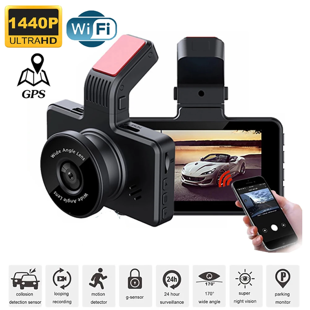 2K Dash Cam WiFi GPS Car DVR Vehicle Camera Auto Black Box 1440P HD Drive Video Recorder Night Vision G-sensor Loop Recording