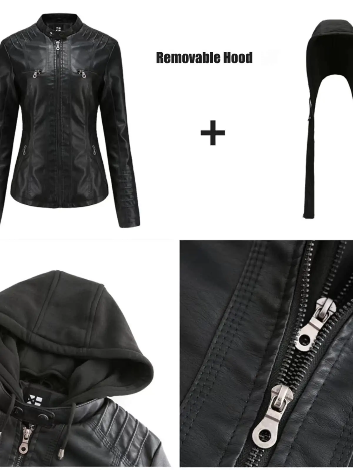 

Women's Spring Autumn Hooded PU Leather Jaet Detachable Large Size Water Waable Outerwear Zipper Closure Slim Fit Sle