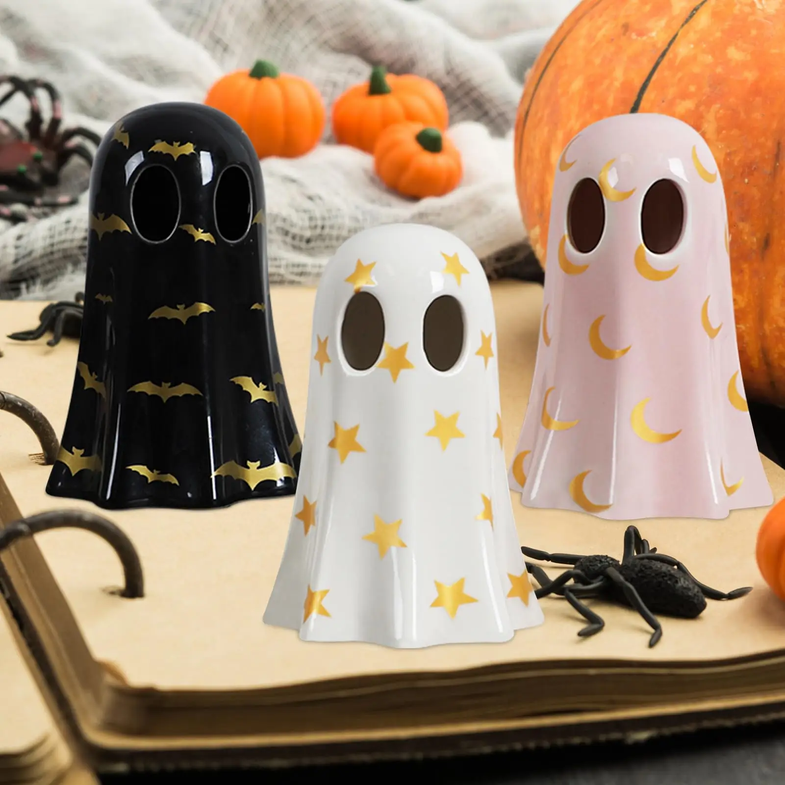 Ghost Halloween Decor, Set of 3 Ceramic Halloween Ghost Decorations Indoor, Ghost Decor with Witch Hat for Fall Halloween Home