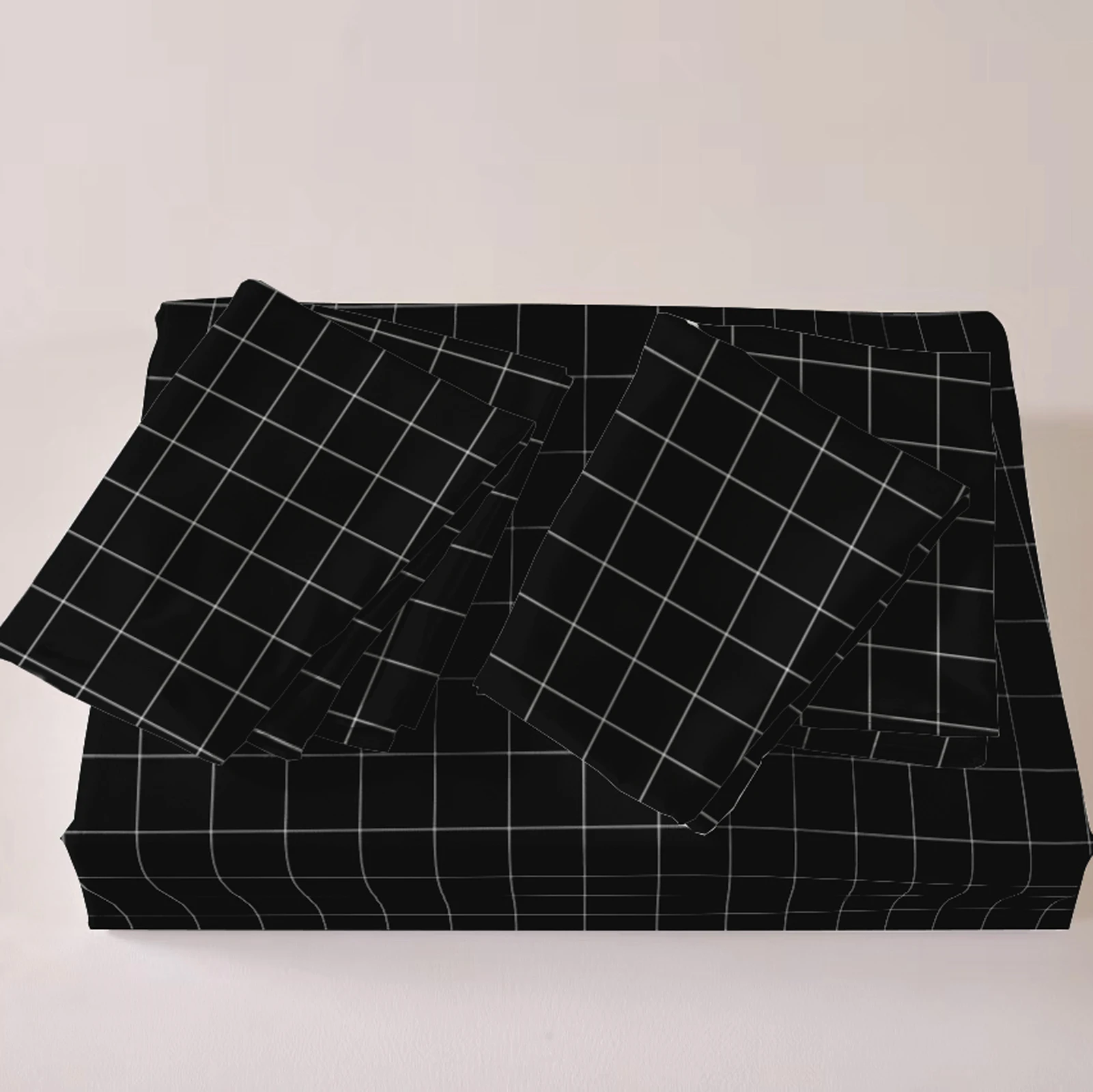 Luxurious Thickened Quilt Cover Set with 2 Pillowcases + 1 Quilt Cover, Polyester Fiber Black Checkered Geometric Print Bedsprea