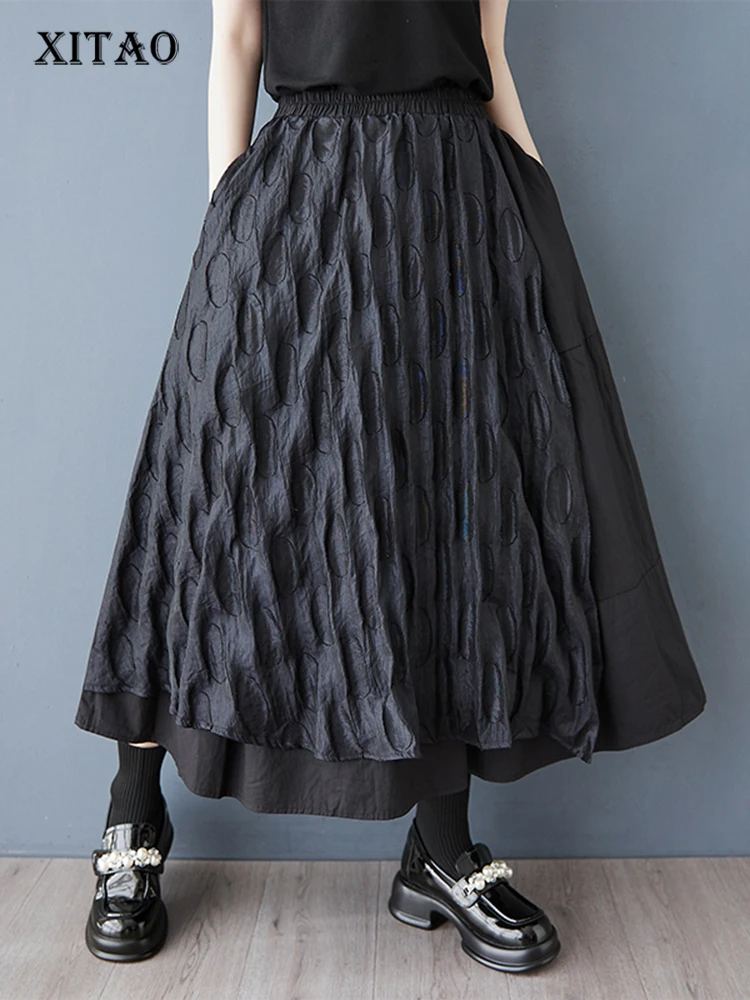 

XITAO Gauze Patchwork Asymmetrical Skirts Contrast Color Elastic Waist A-line Mid-calf Casual Slimming Summer Skirt GYX1531