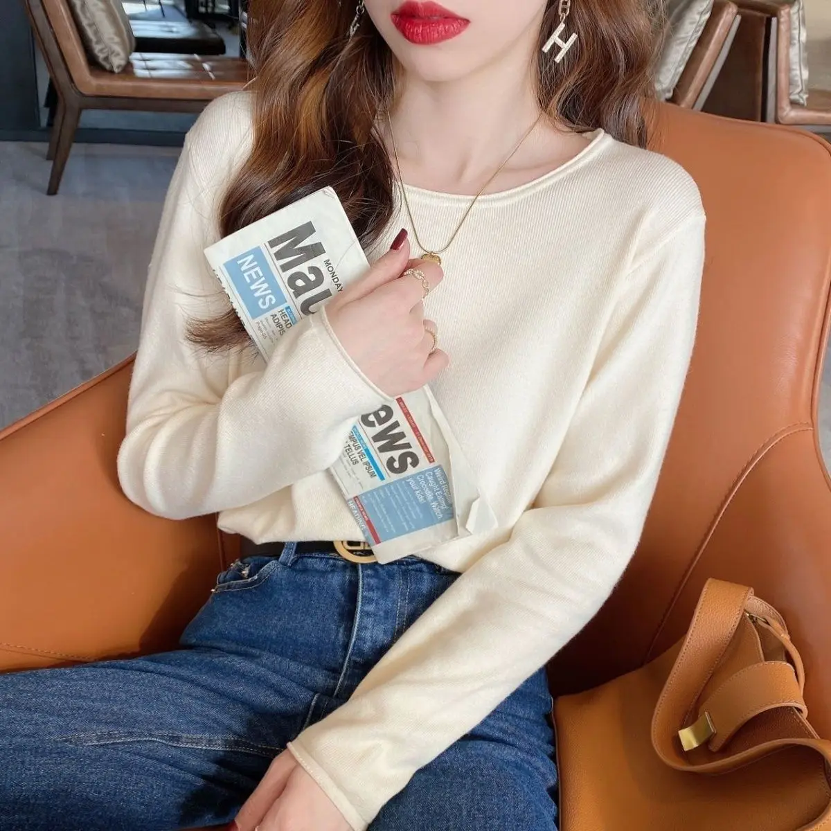 Spring and Autumn Woman's Clothes Solid Color Warm O-neck Elegant Niche Korean Casual Youth All-match SlimInterior Lapping Easy