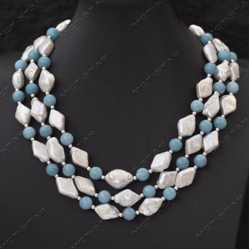 

MTC·STAR 50" 17mm White Rhomboid Coin Pearl Blue Aquamarine Necklace （Z13631 ）