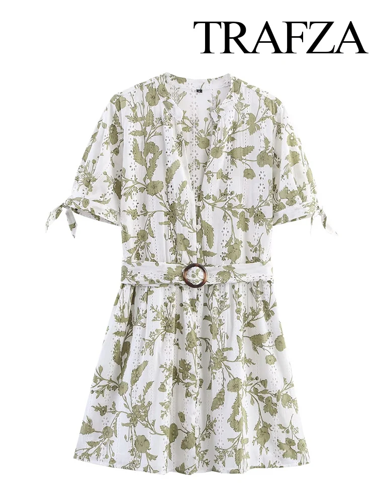 

TRAFZA Women Summer Vacation V-neck Hollow Embroidered Print Belt Short Sleeve Mini Dress Female Sexy Elegant Beach Party Dress