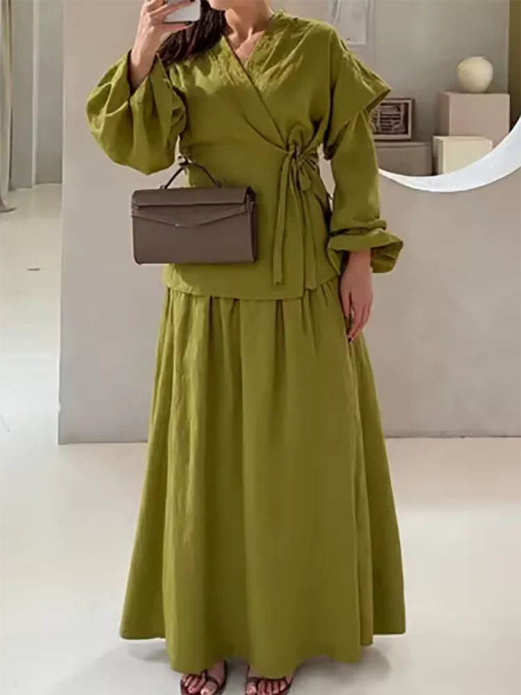 

Ladies Elegant Solid Color Two Piece Sets Autumn V Neck Long Sleeved Top Outfit Fashion High Street Tie Up A-line Skirt Outfit