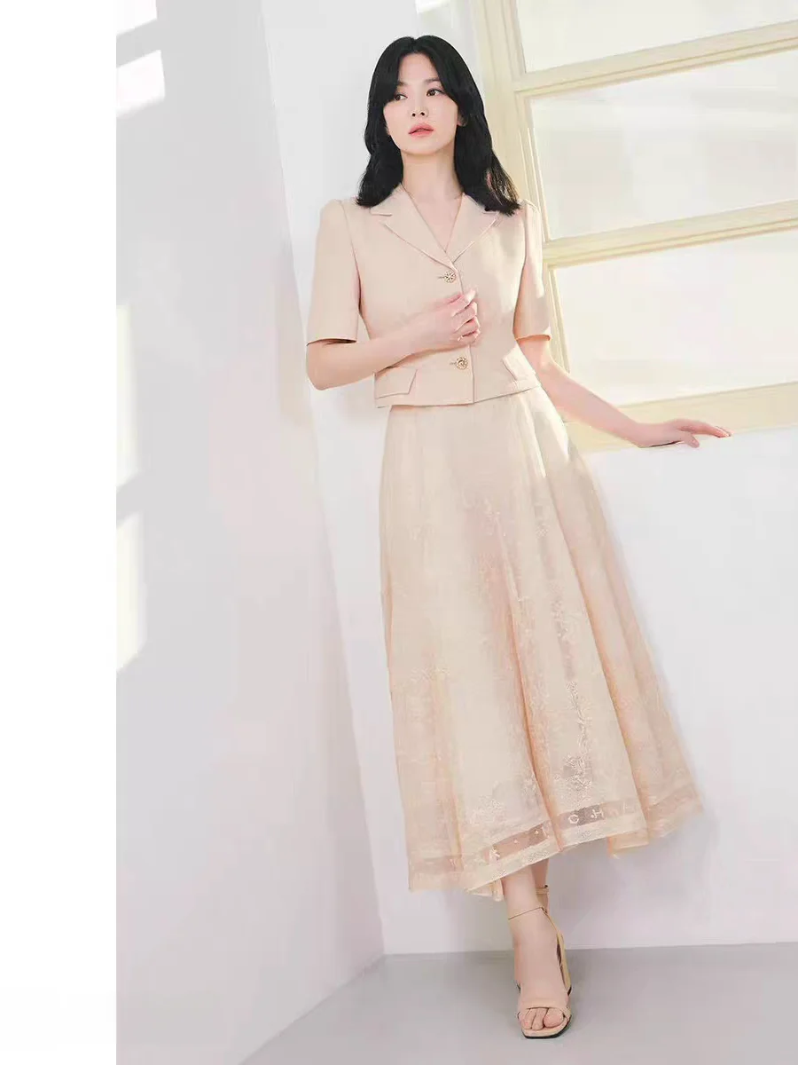 

Elegant Slimming Suit Jacket And Skirt Set Women's Fashion Spring Summer Work Party Date Outfit Short Sleeve Lace