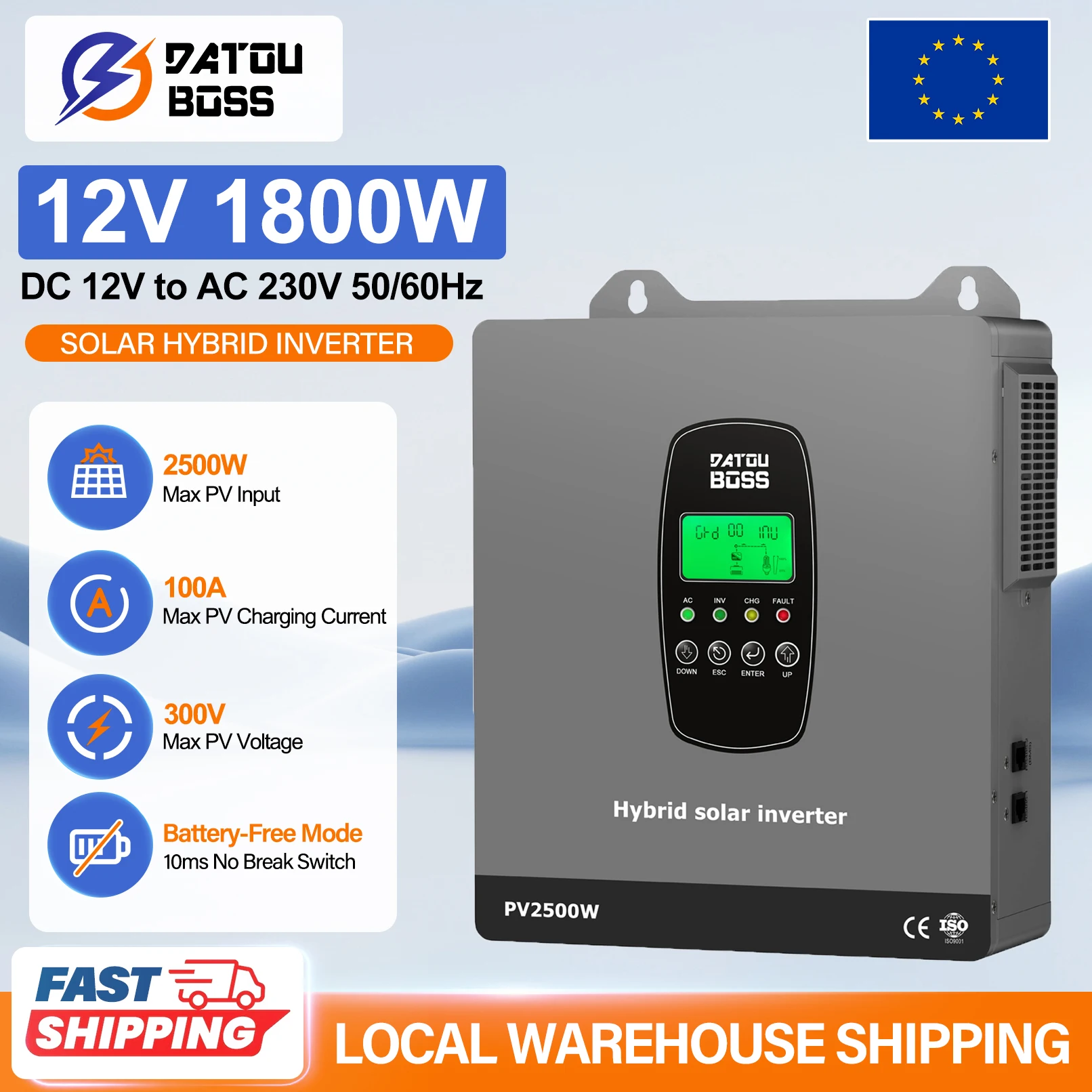 DATOUBOSS 1800W 12V-230V Solar Hybride Omvormer Ingebouwde MPPT Batterijloos Voor Huis, Camper, Off-Grid Systeem - afbeelding 2