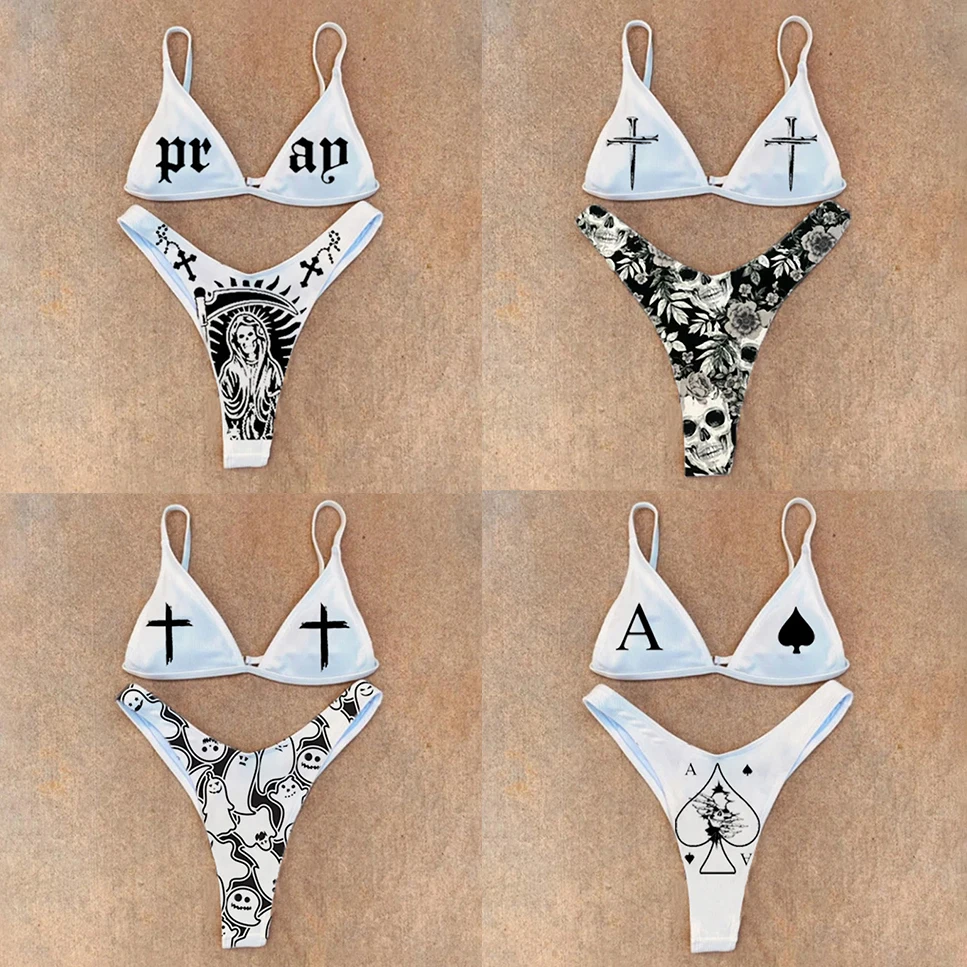 Gothic Bikini 2025 Women Skull Cross Print Bra Thong Swimsuit Split Bathing Suit Underwear Y2K Bikinis Swimwear