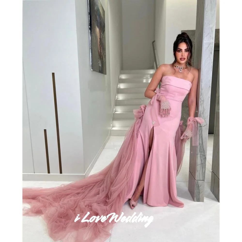 Pink Strapless Evening Dresses 2025 Sleeveless Backless Mermaid Beaded Gloves Split Sweep Train Floor-Length Pleated Customized