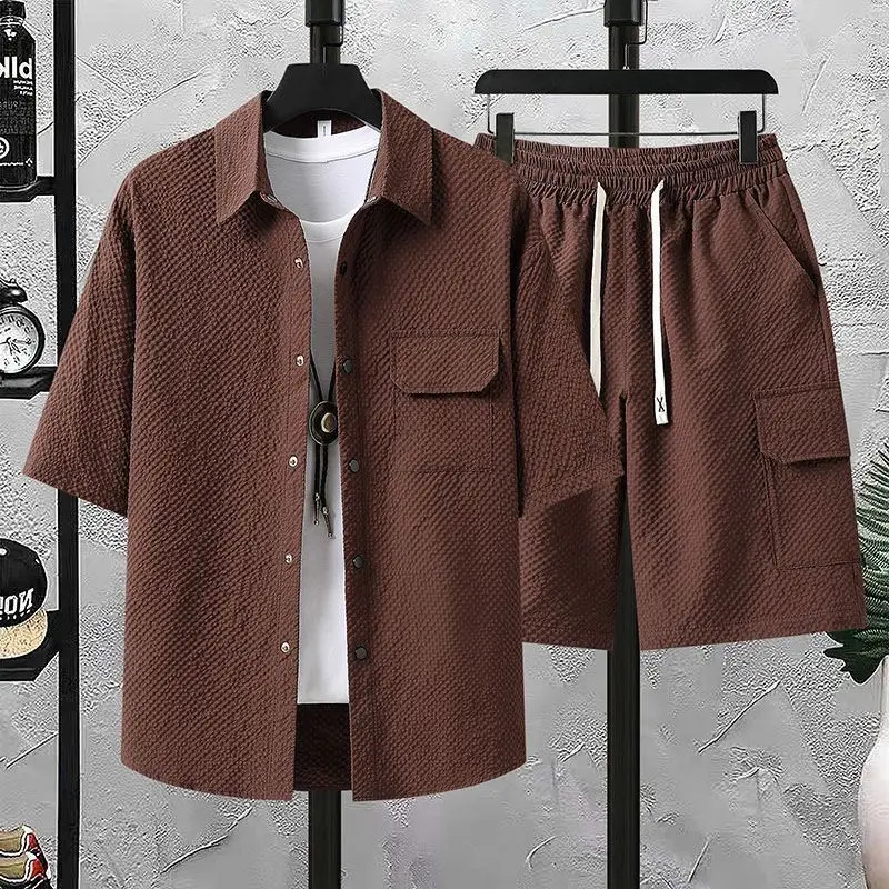 

Men's Workwear Set Summer Cooling Ice Silk Shirt Shorts Combo Streetwear Casual Outfit for Men Lightweight Breathable Sportswear