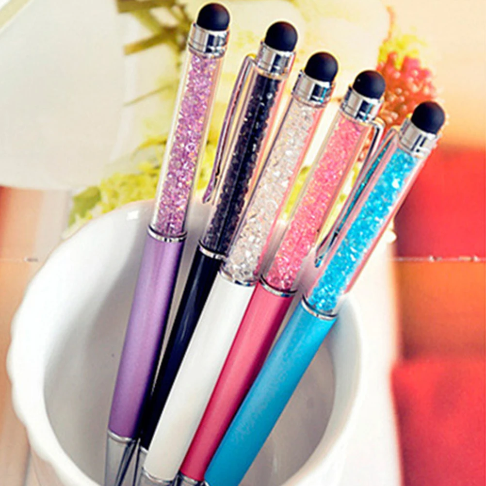 

6pcs Ball Point Pen Capacitor Touch Screen Metal Pen Wafer Beads Diamond Capacitor School Office Stationery Pens (Golden)