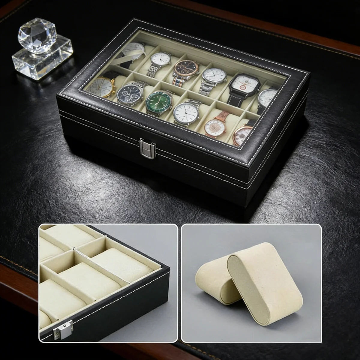 Men's Heavy-Duty PU Leather Watch Box with Display Lid,Large Capacity Watch Collector Case Suitable for Displaying image 3