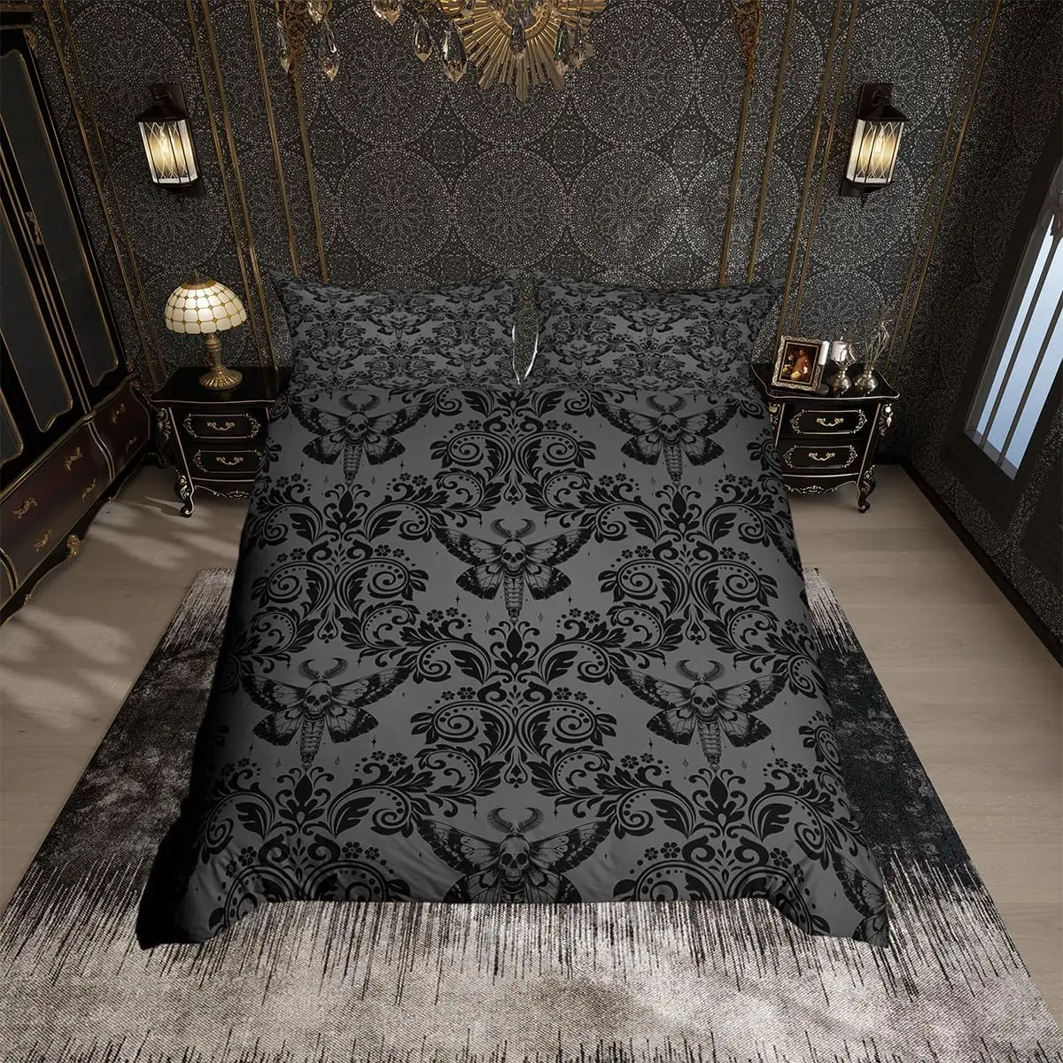 Adults Black Vintage Damask Floral Bedding Set King Size Gothic Bohemia Boho Flower Duvet Cover Gothic Skull Bedspread Cover