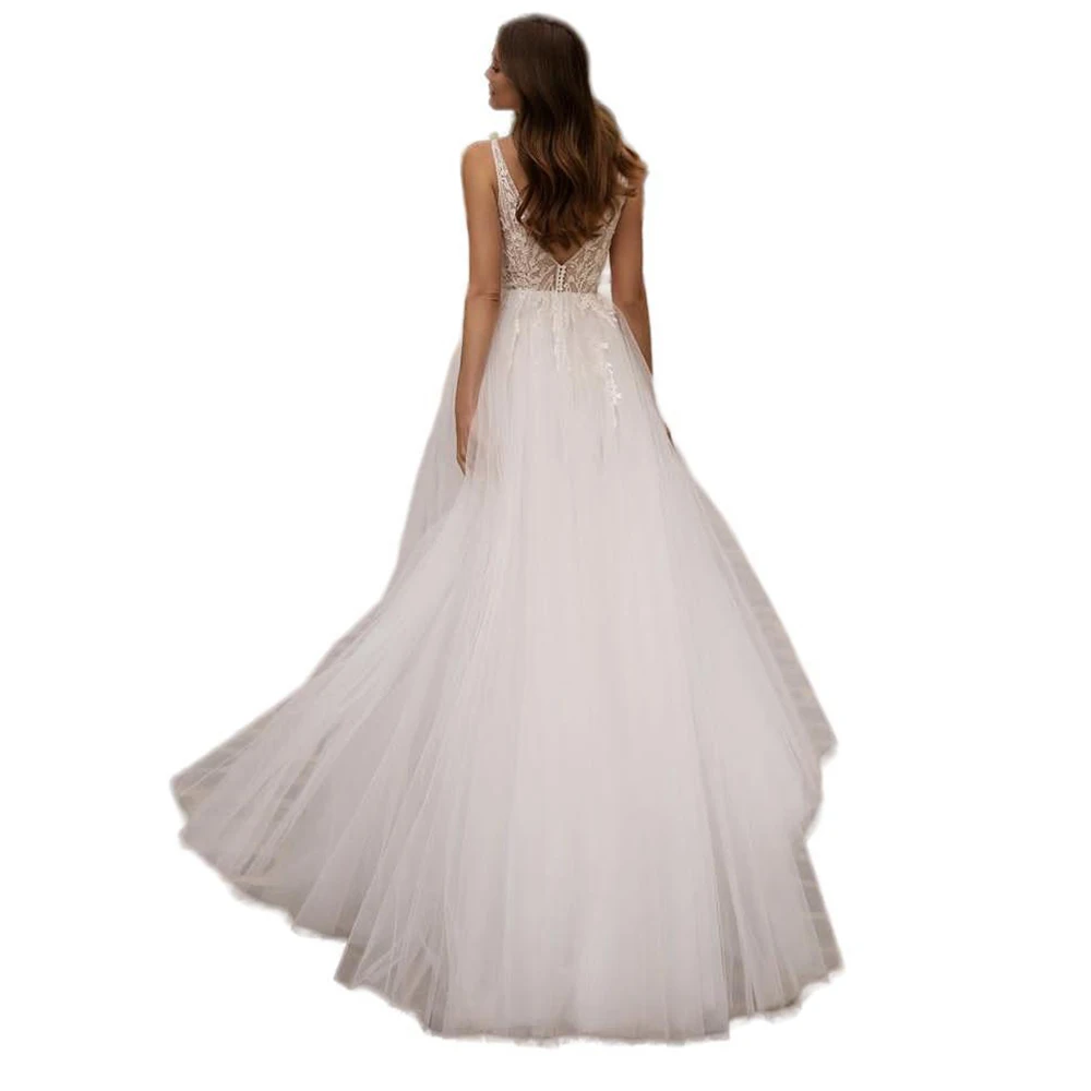 Vestido de novia con cuello en V profundo para mujer, tul, Organza, Apliques de encaje, hecho a medida, vestidos de novia sin espalda, línea A, piso Leng