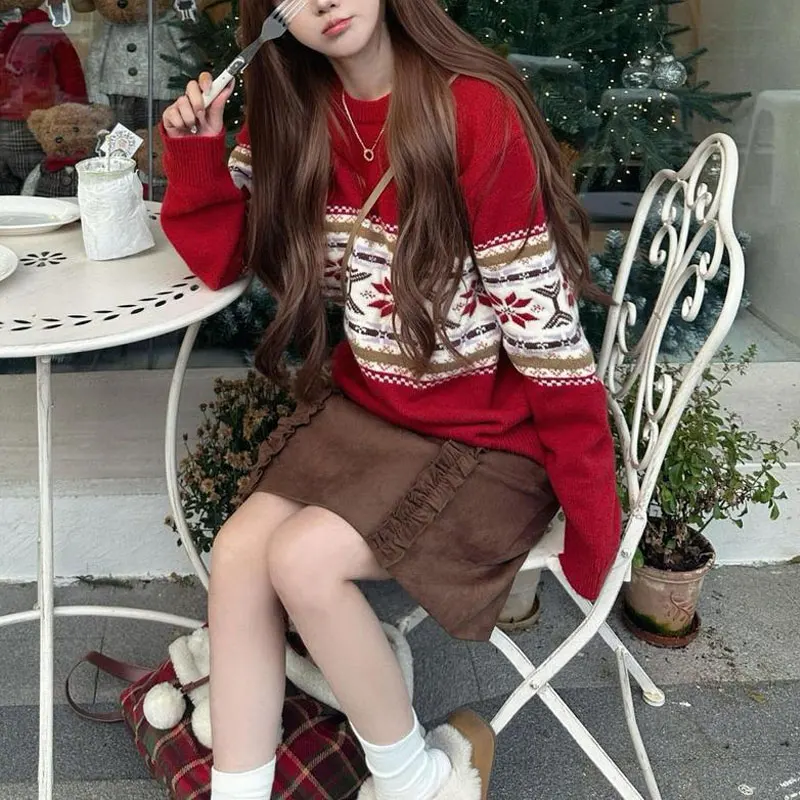 

Christmas Red Vintage Fair Isle Sweaters Female Clothing Round Neck Autumn Winter Fashion Jacquard Weave Loose Knitted Pullovers