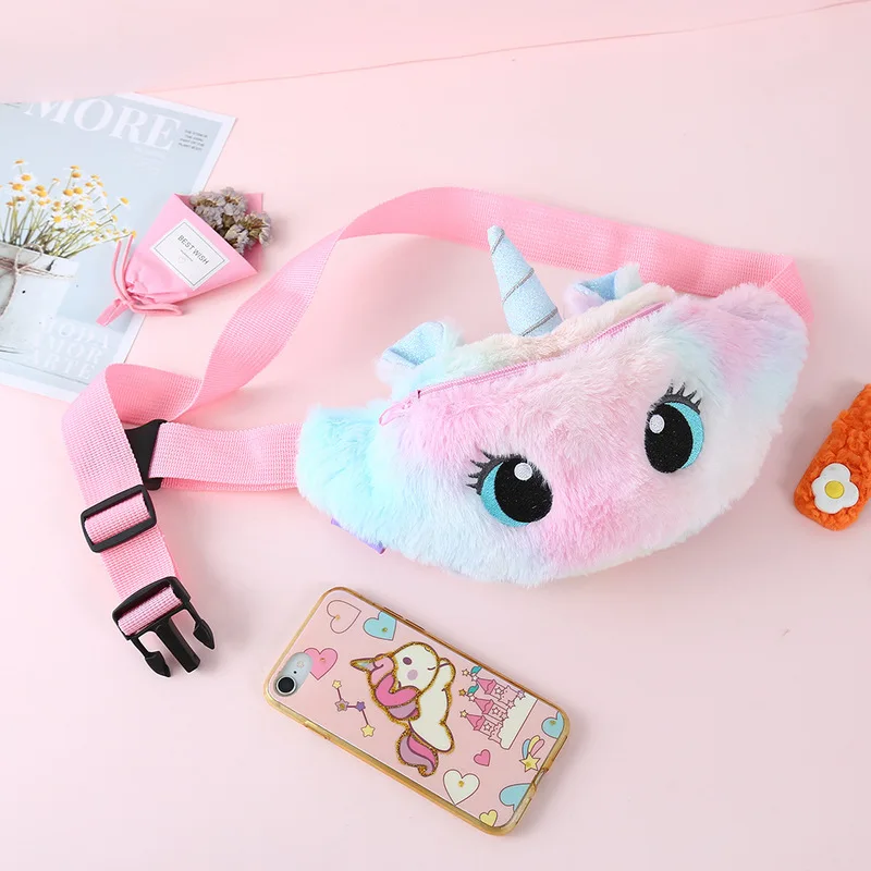 Cute Unicorn Children's Fanny Pack Girls Waist Bag Kids Plush Toys Belt Gradient Color Anime Cartoon Coin Purse Travel Chest Bag