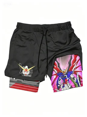 Summer Quick Drying Mecha Anime Printed Double-layer Sports and Fitness Men's Shorts