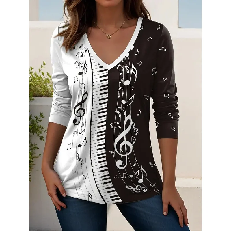 

2025 Women's T-Shirts Music Festival Graphic Elegant Fashion Tees Long Sleeve T-shirts V-Neck Regular Tops Casual Pullover Fall