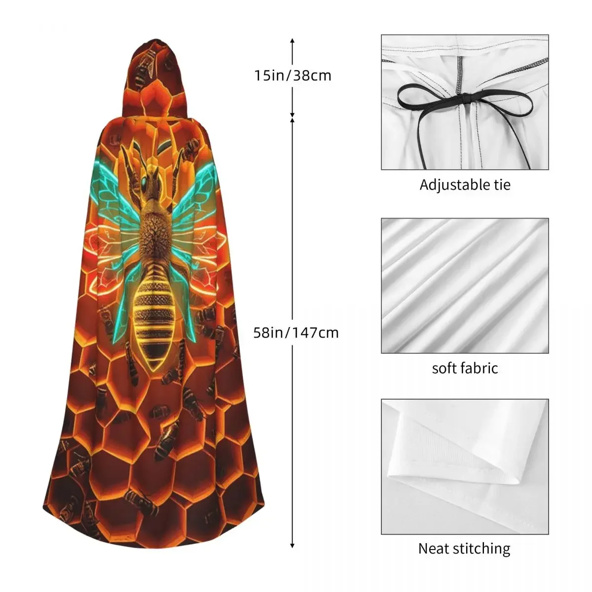 Honey Bee With Glowing Wings Honeycomb Long Hooded Cloak Witch Medieval Costume Cosplay Cape HalloweenVampire Adult Unisex