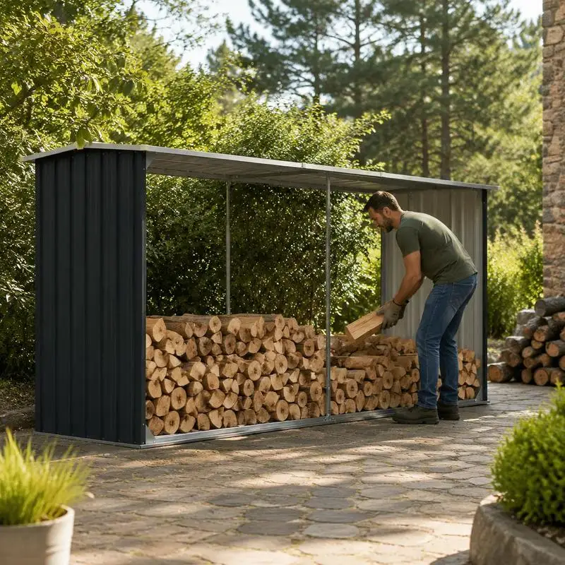 Abri de rangement pour bûches anthracite en acier galvanisé 330x92x153cm, structure renforcée, lattes surélevées, aération, bois sec, toit incliné, évacuation de l'eau de pluie, grand volume de rangement, jardin extérieur, résistant à la corrosion, assemblage simple, stable, pour conserver vos...