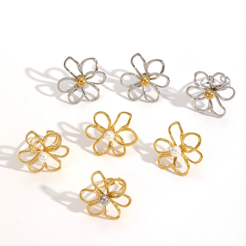 Zarte Edelstahl-Hohlblumenringe und Ohrringe Set für Damen, Trendiger Schmuck, Accessoires, Geschenke – Detail 3