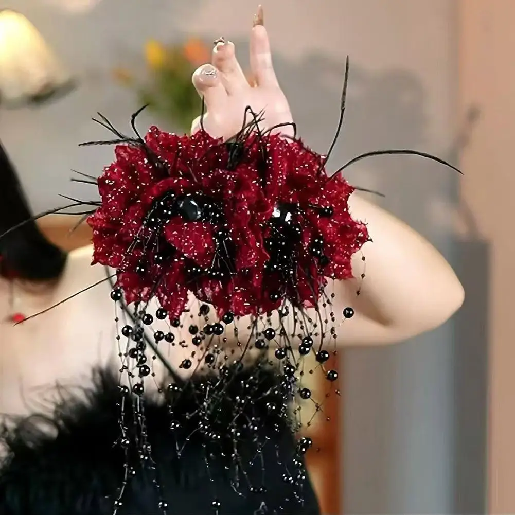 빈티지 홍콩 스타일 샤이니 플라워 클립, 레트로, 다용도 패션, 빅 샤크 클립, 우아한 밝은 실크 깃털 헤어 액세서리