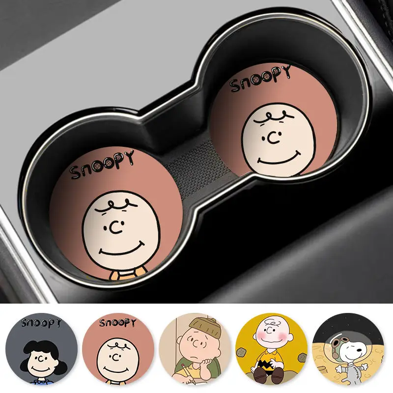 2pcs Car Snoopy Charlie Anti Slip Cup Mat Pad Coaster Cartoon Cups Holders Auto Water Bottle Slot Decorate Interior Accessories