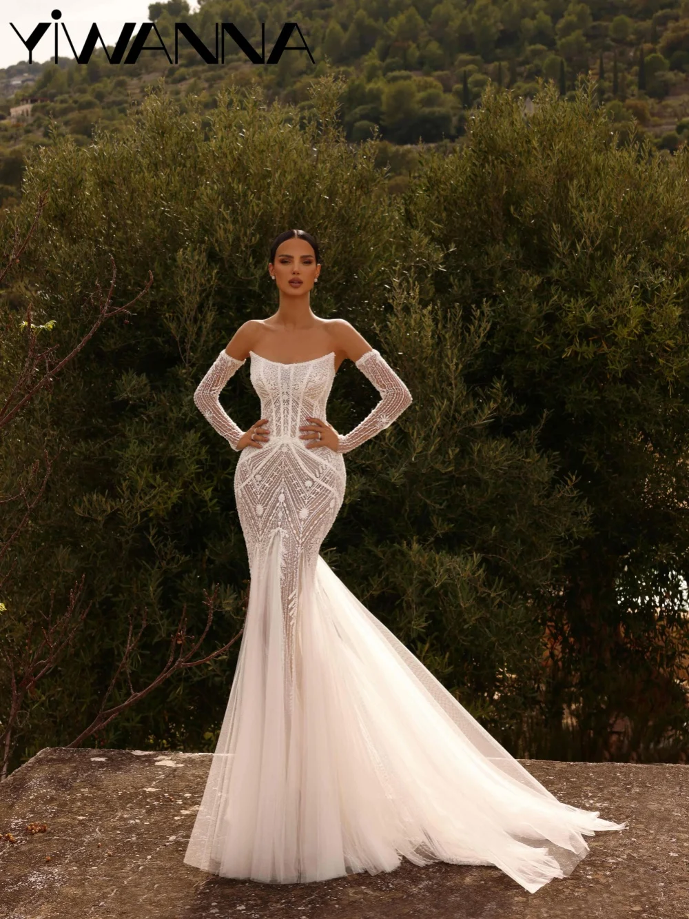 فستان زفاف فاخر مزين بالخرز بأكمام قابلة للفصل، فستان عروس طويل على شكل حورية البحر، فساتين أنيقة مخصصة للعروس