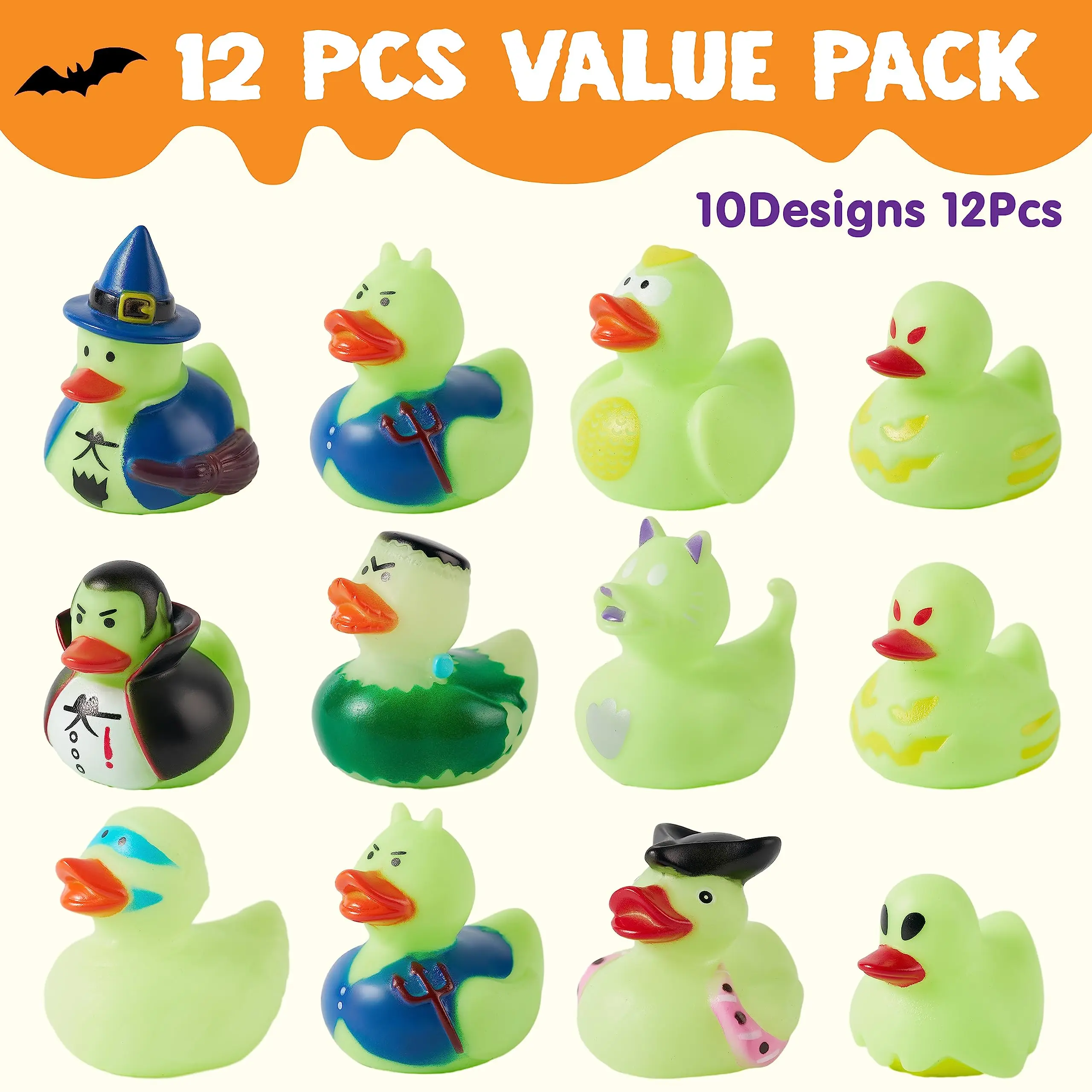 24Glow in The Dark Halloween Fancy Novelty aneka bebek karet untuk mandi Squirt mencicit bebek, Halloween tema pesta trik atau traktiran