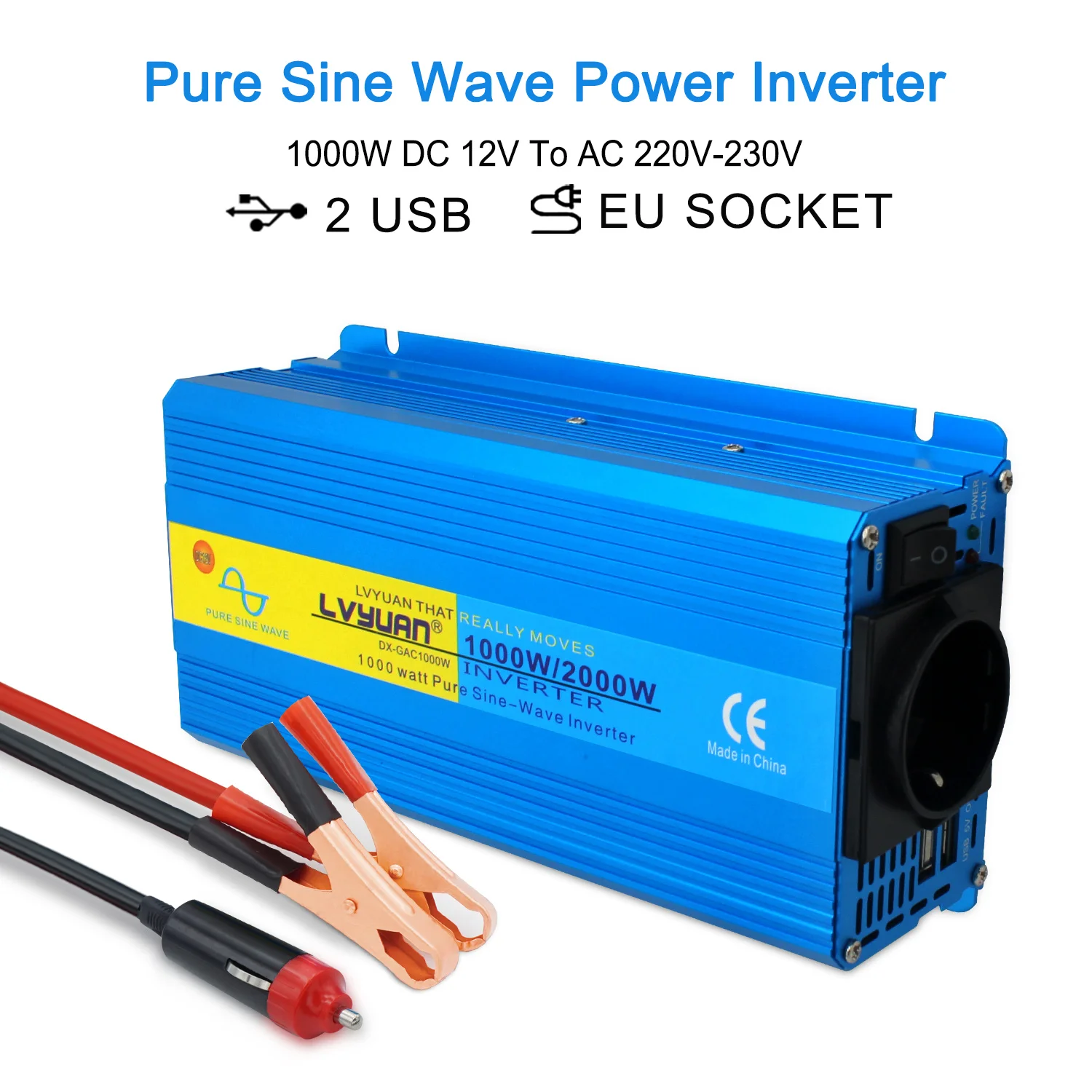 EU Plug Pure Sine Wave Inverter Car Inverter 1000W Power Dual USB Output Camp Converter DC 12V/24V to AC 220V/230V Inverter 2kva