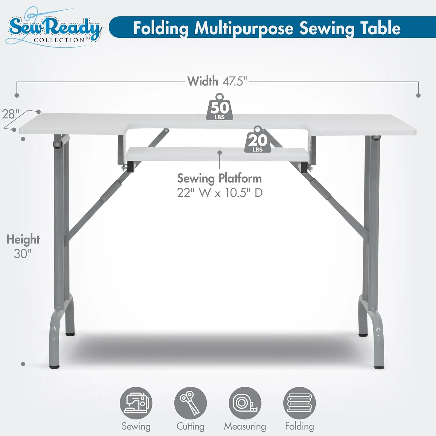 Folding Sewing Table 47.5' W x 28' D White Adjustable Shelf Multi-Use as Computer Desk