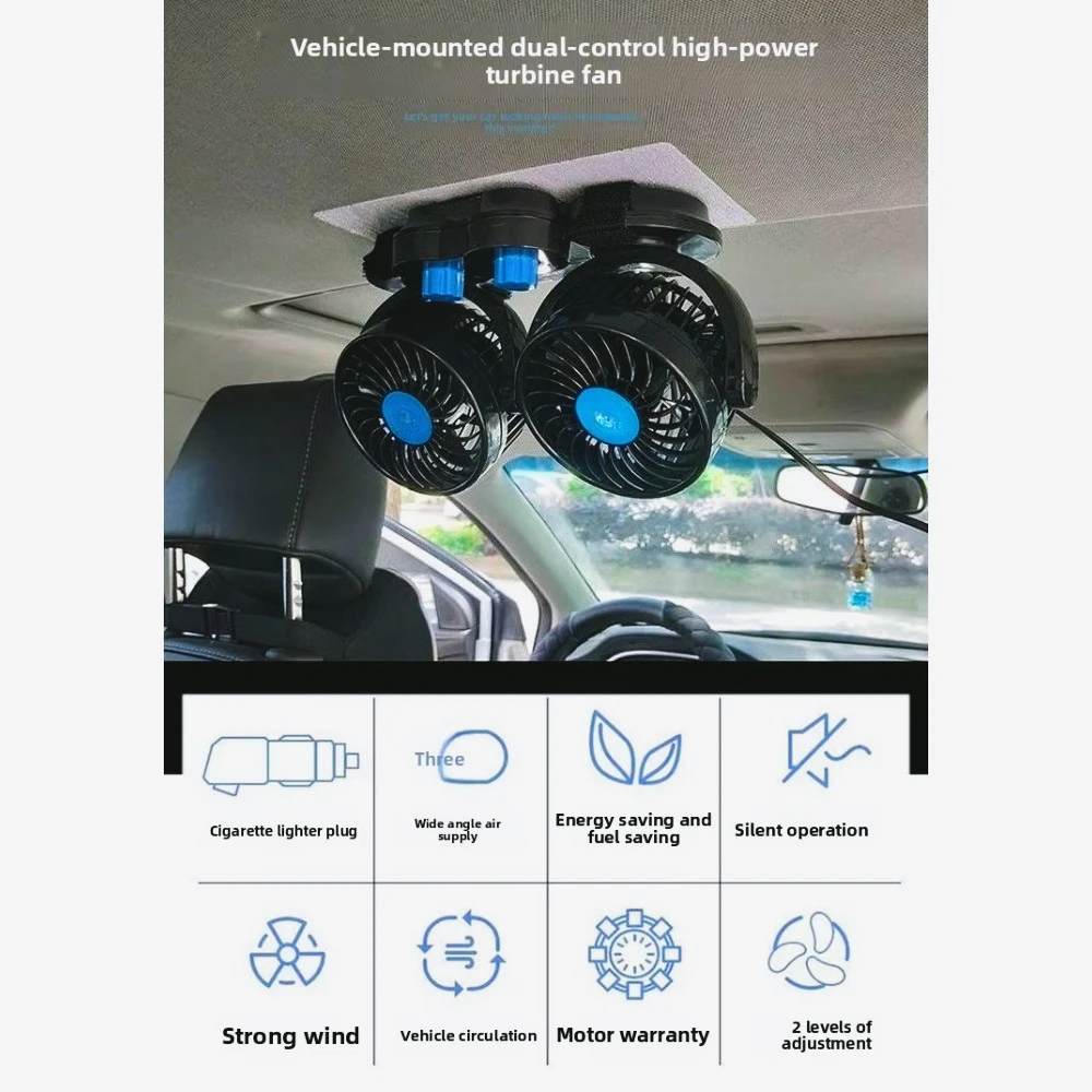 ZF-T Ventilador de Coche de Doble Cabezal 12V/24V, Montado en el Techo, con Viento Potente para Camiones y Vehículos Eléctricos