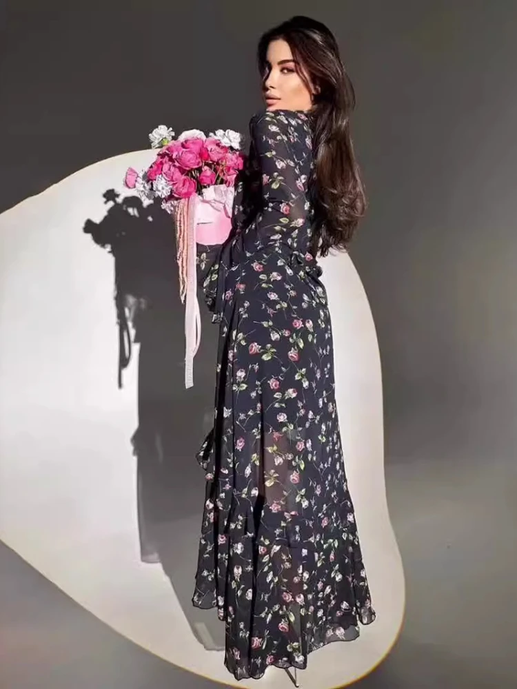 Eid Chiffon Feestjurk Vrouwen Moslim Bloemenprint Jalabiya Ramadan Morocco Jurken Dubai Abaya Kaftan Vestidos Arab Lange Gewaad