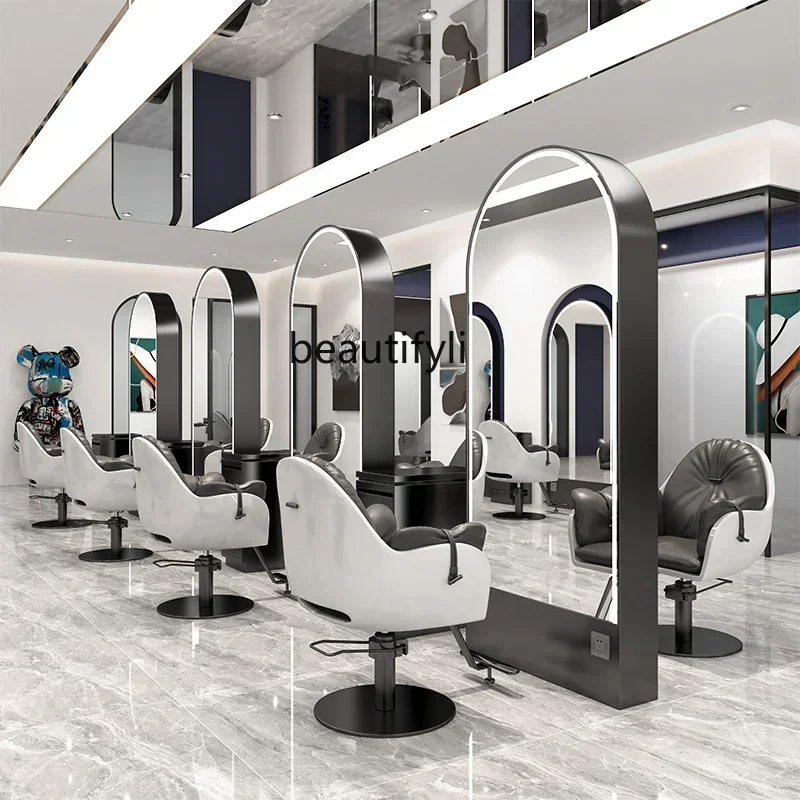 D32 xz1Barber Shop Mirror Floor-Standing Dressing Table for Hair Salon Single-Sided Hair Cutting and Dyeing Mirror with Light