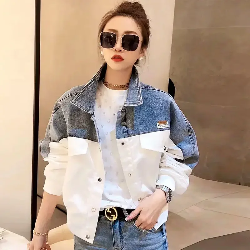 Vintage Denim Jacket Women Y2k Clothing Short Tops Korean Fashion Long Sleeve Loose Denim Patchwork Spring Autumn Jacket Casual