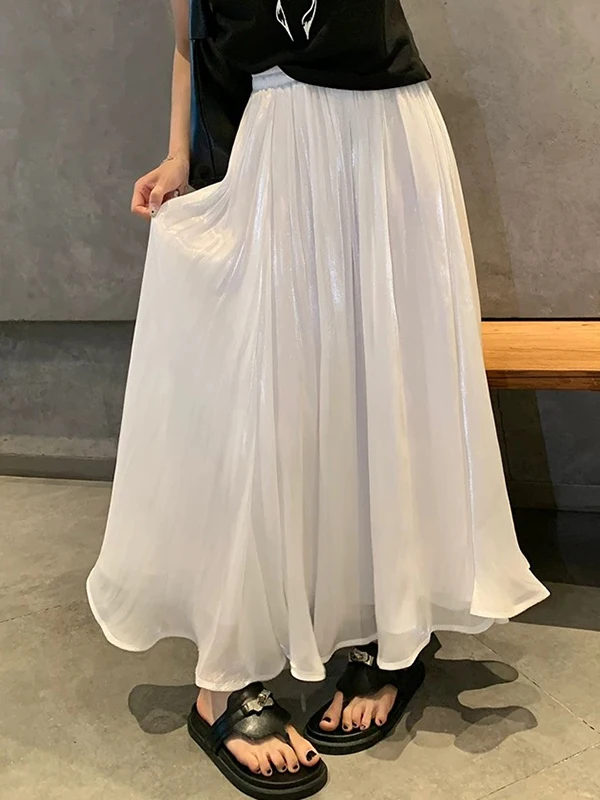 

Белая юбка, женская, лето 2023, новинка весны, трапециевидной формы, плиссированная, с высокой талией, корейская, однотонная юбка-миди для поездок на работу