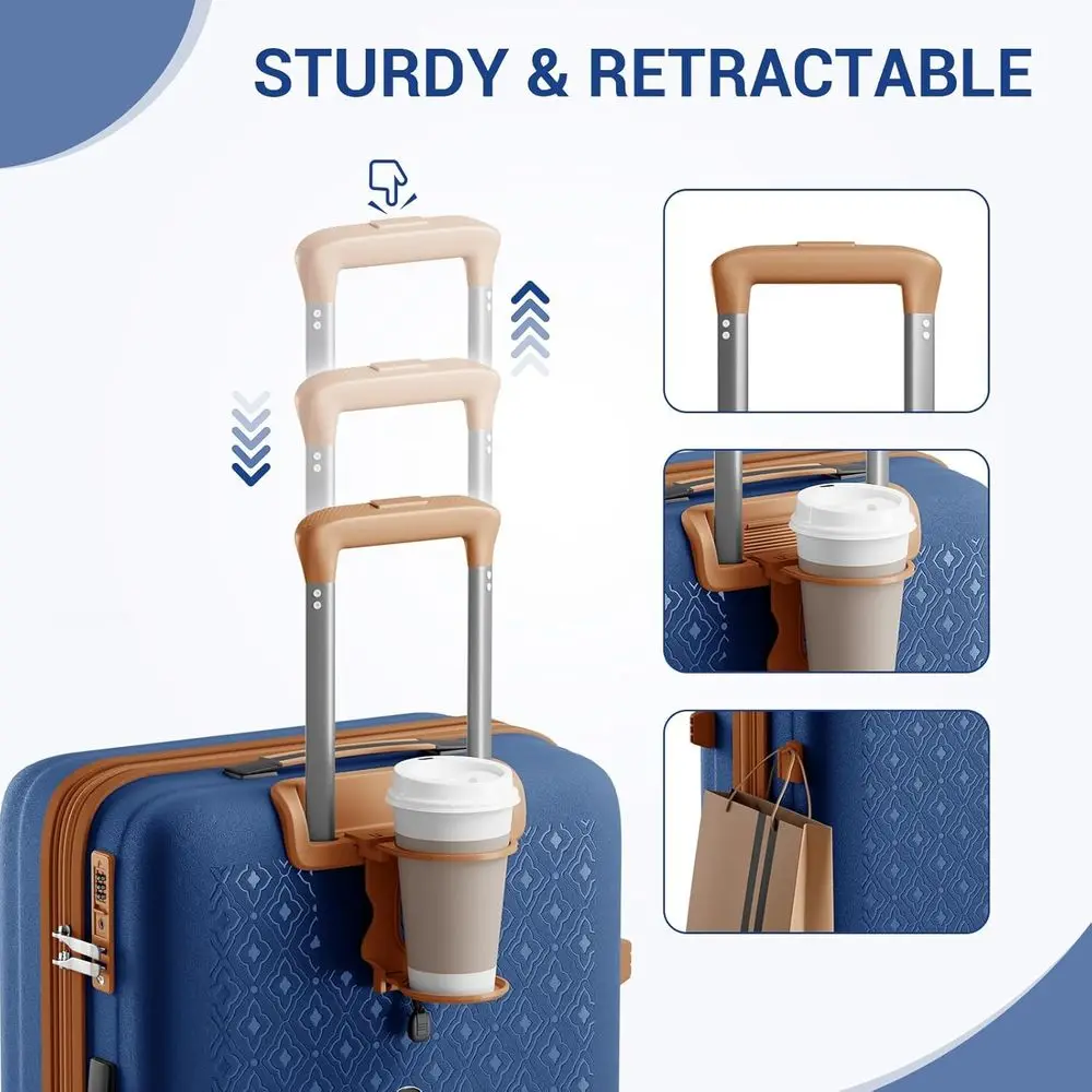 20 Durable PP Expandable Suitcase for Short Trips, TSA Lock, Hidden Cup Holder, Navy/Brown