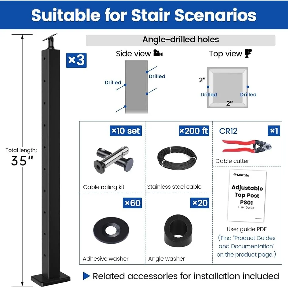 10-15ft Modular 36in Stair Cable Railing Post Kit Complete Set with Swageless Wire Rope Black Stainless Steel Posts and