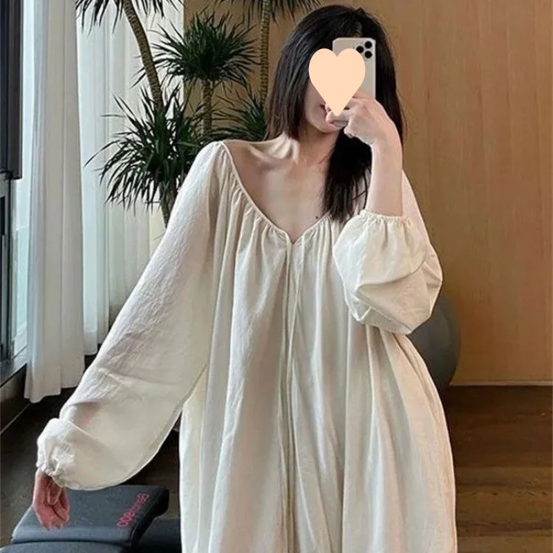 

Женская винтажная пижама во французском стиле, ночное платье, женское весенне-осеннее однотонное длинное ночное платье, повседневное домашнее платье размера плюс 4XL