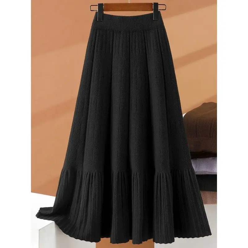 Women Knitted Sweater Skirts Autumn Winter New Elastic High Waist A-Line Skirts 2026 New Ladies Long Knit Pleated Skirts